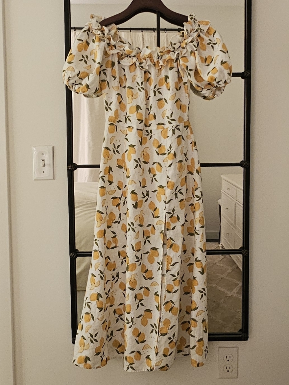 Reformation White Lemon Print Puff Sleeve Midi Dress